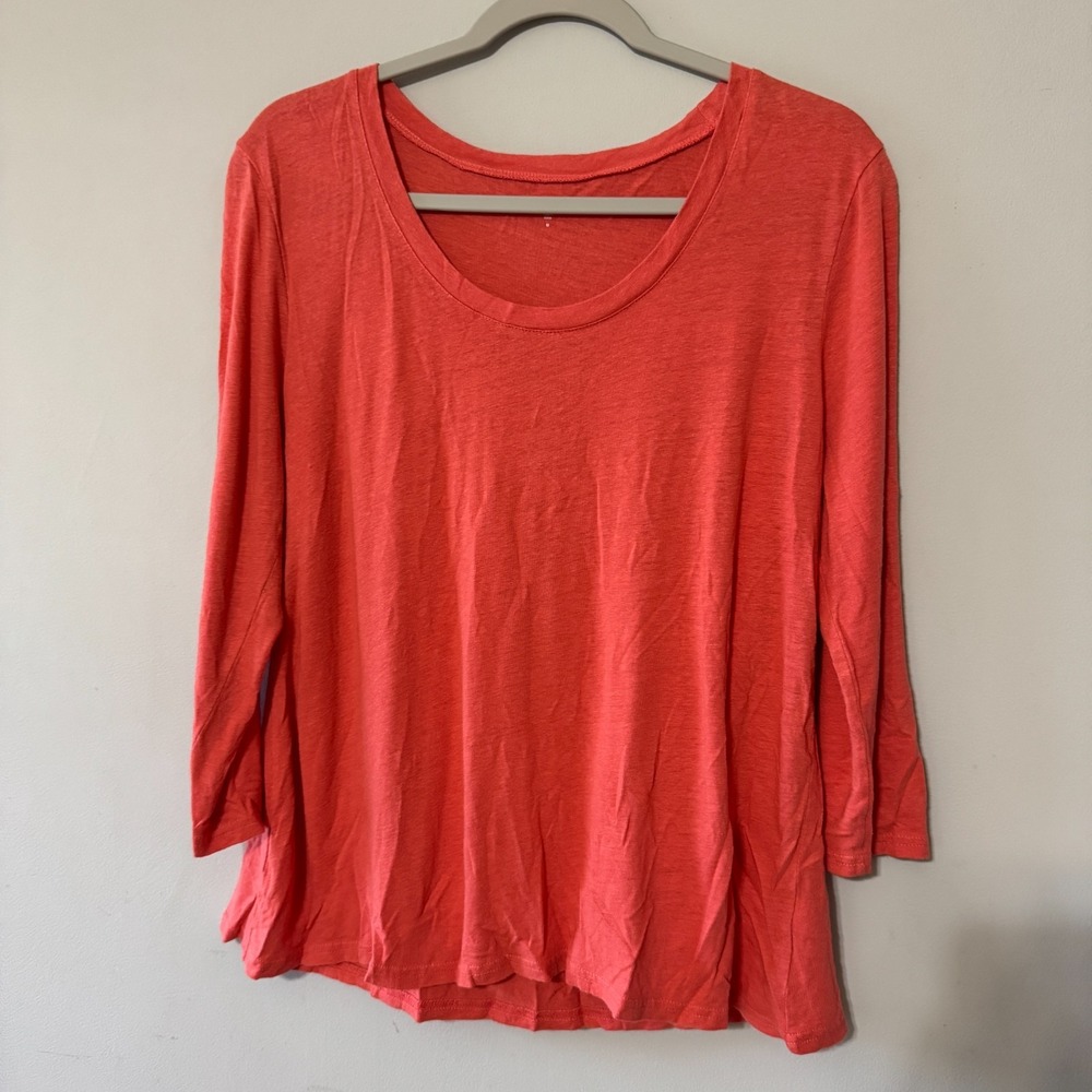 Garnet Hill Medium Linen Modal Scoop Neck 3/4 Sleeve Top T-Shirt Coral